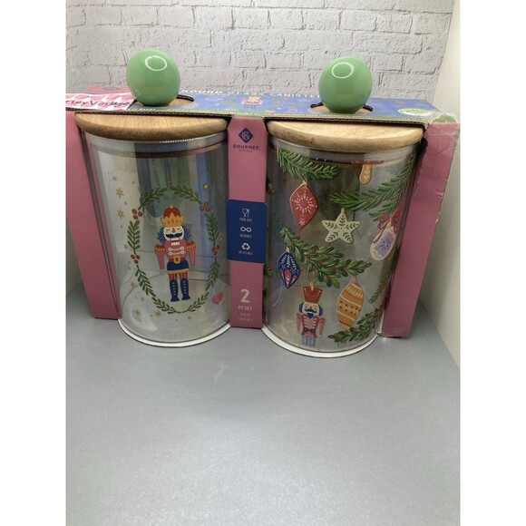 Gourmet Foods Eco Friendly Nutcracker Glass Christmas Jar Set of 2 With Lids - Picture 1 of 16